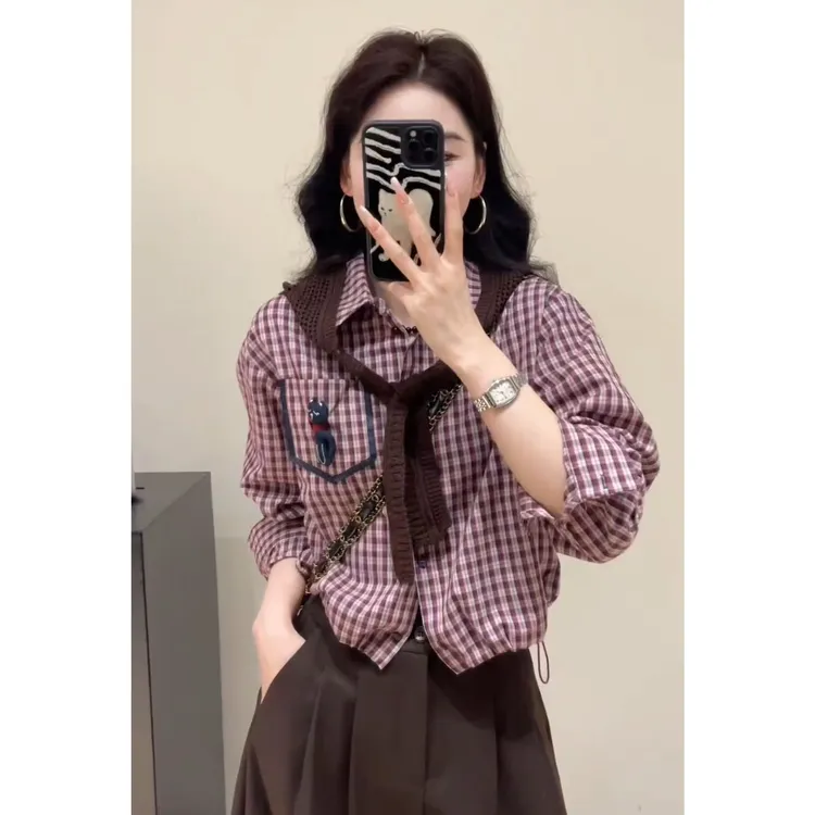 秋季往事早秋韩系格纹复古衬衫加披肩两件套