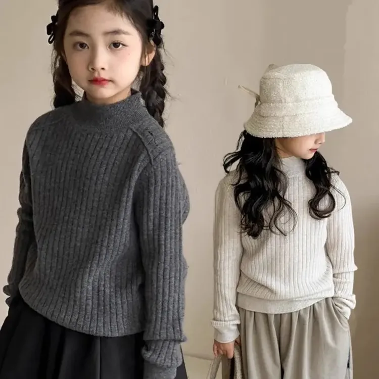 2025秋冬韩版洋气女童半高领坑条毛衣刺绣百搭保暖针织打底针织衫