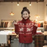 【闵笑一】首尔初见费尔岛风高领毛衣女红色圣诞麋鹿提花针织开衫