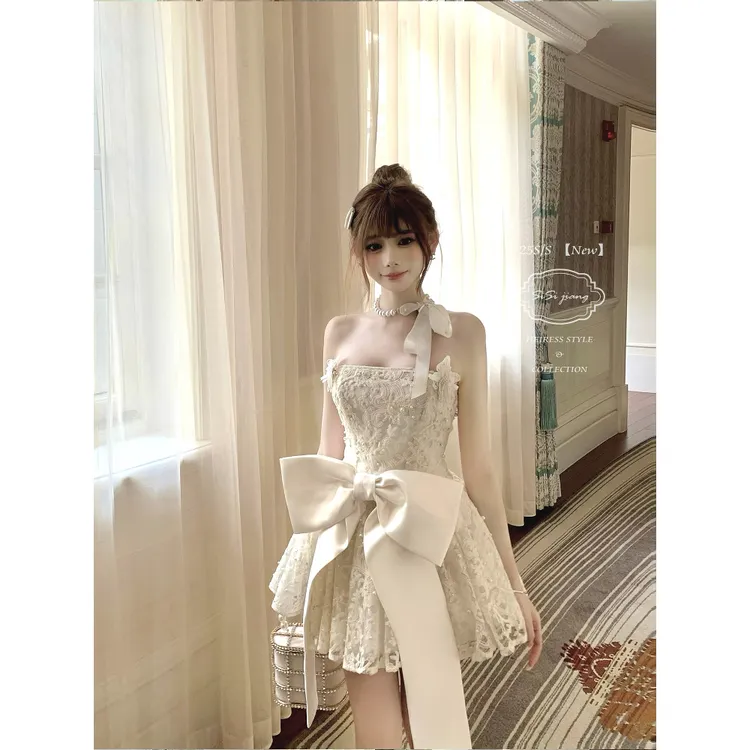 MIMI  Jun【蝶影珍珠】法式名媛抹胸收腰蕾丝白色轻奢设计感连衣裙