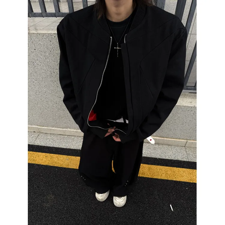 重磅水洗棉解构拼接倒三角外套男秋季痞帅正肩工装夹克美式棒球服