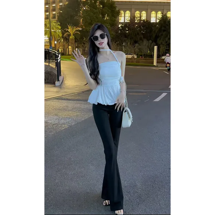 褶皱抹胸上衣女夏甜辣妹性感露背美式微喇裤高腰显瘦马蹄喇叭裤套
