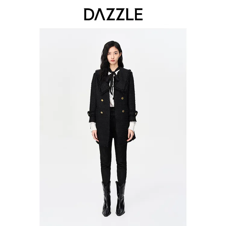 DAZZLE地素款中长翻领粗花呢毛呢衣2E4G2021A