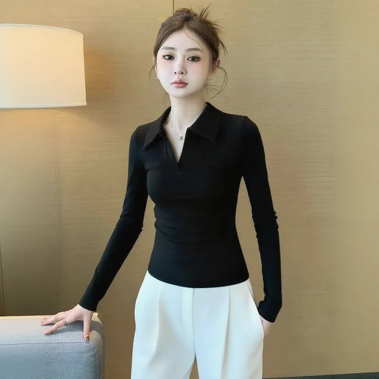 黑色polo翻领长袖打底衫女2025新款秋冬设计感小众V领洋气上衣潮