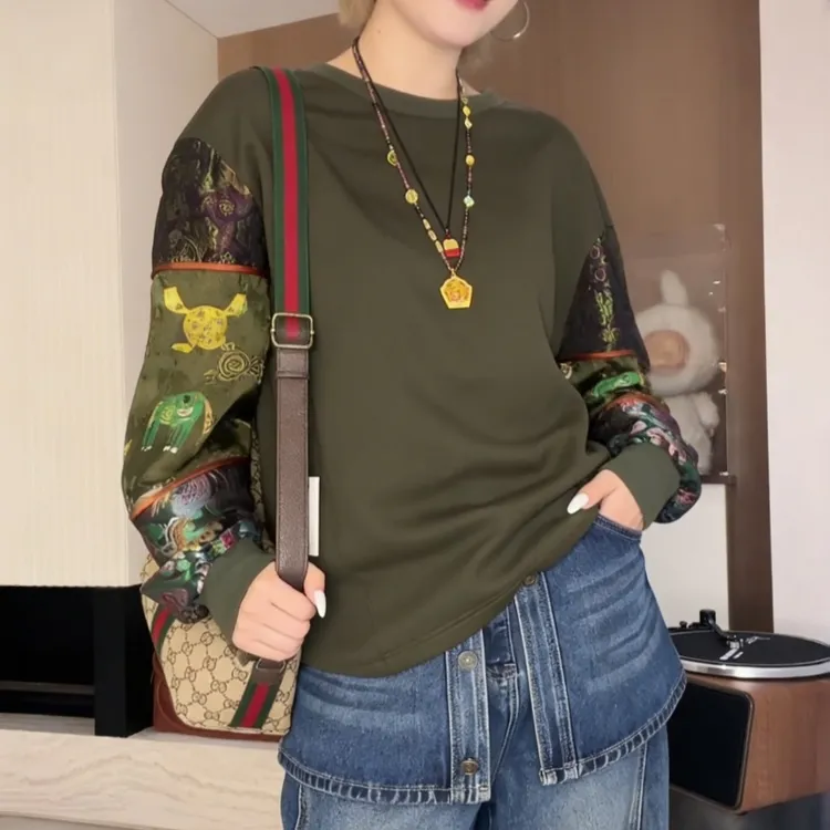 新中式慵懒圆领卫衣女2025秋冬新款大码宽松时尚休闲中长款上衣女