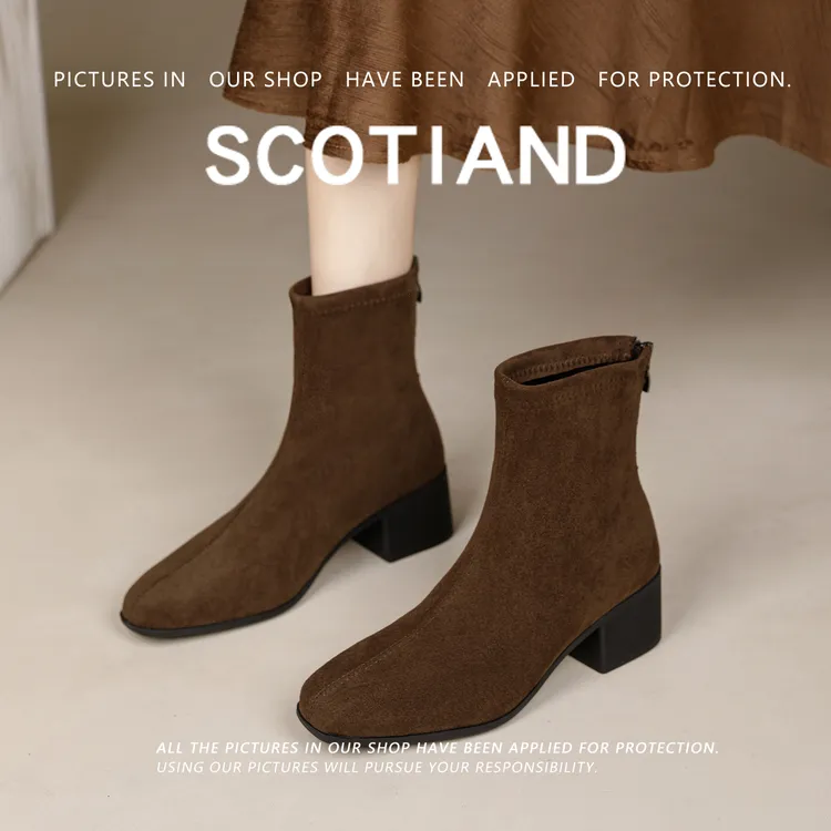 真皮方头马丁靴2025年秋冬新款瘦瘦靴短靴软底软面粗跟中跟女鞋