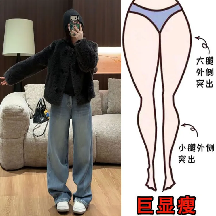 (露丝同款)韩版高腰直筒牛仔裤冬季新款加绒时尚简约百搭阔腿裤女