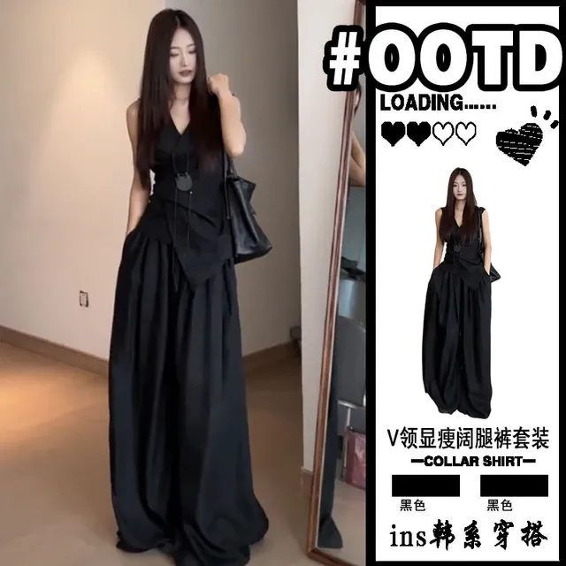 韩系休闲黑色收腰套装裙女2025新款V领短款背心高腰阔腿裤两件套