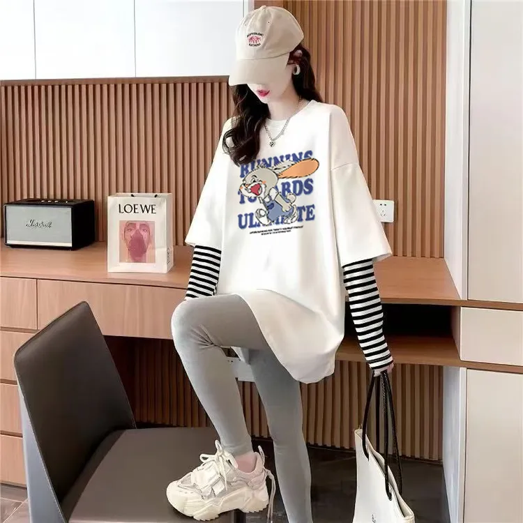 假两件条纹长袖t恤女秋冬内搭打底衫2025新款宽松中长款纯棉上衣