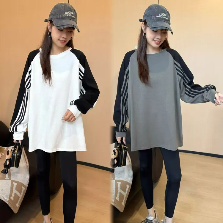 二姐的宝藏早秋百搭宽松三条织带撞色插肩袖长袖卫衣T#25313