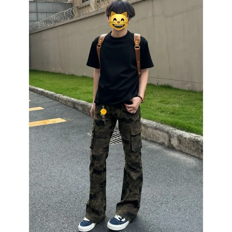 美式高街迷彩工装裤子男青少年薄款窄版直筒牛仔裤修身休闲微喇裤