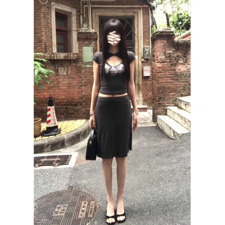 2025夏季新款女韩系穿搭修身小飞袖上衣格纹吊带高腰蕾丝半身裙