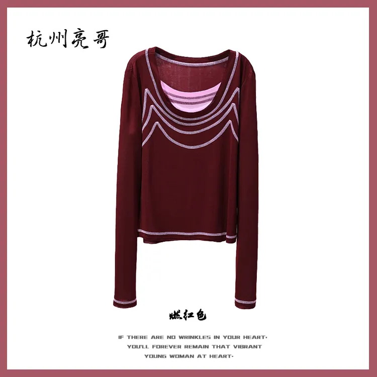 【亮哥女装】2025欧版新品燃红明辑线长袖高弹网纱上衣8976-A7