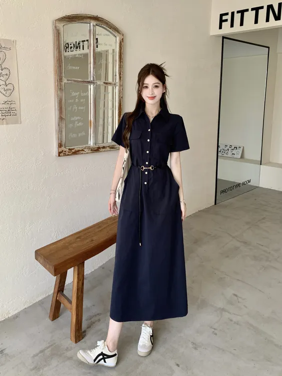 2025夏款胖mm大码女极简主义气质正肩翻领通勤显瘦连衣裙22305