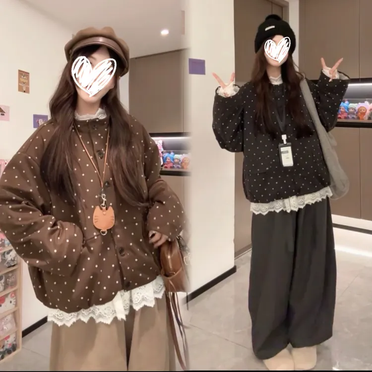 新款大码韩系减龄波点外套蕾丝边打底休闲宽松阔腿裤套装