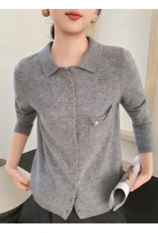 翻领polo百搭常规款毛针织衫纯色针织女装长袖冬季显瘦气质网红