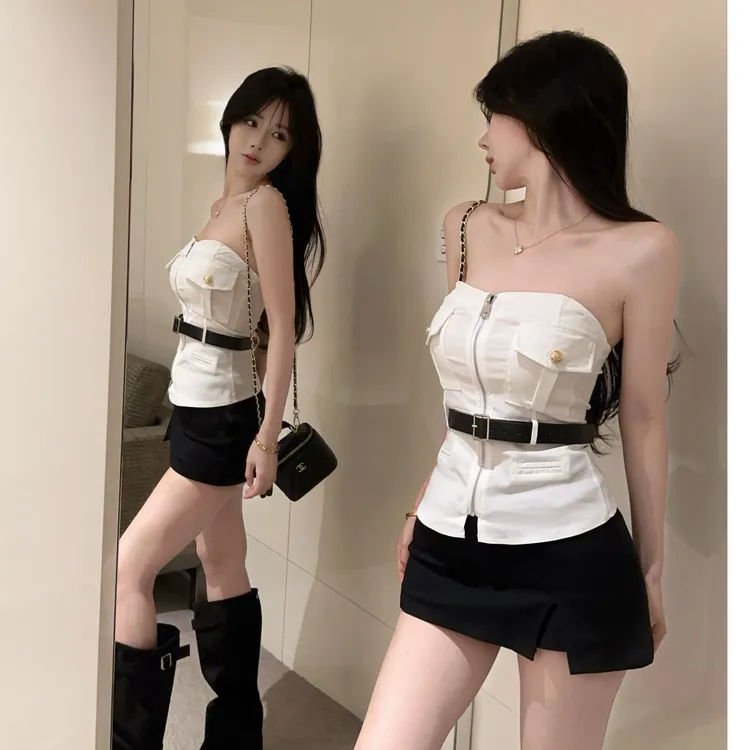 甜酷美式拉链皮带抹胸背心女夏季设计感修身性感辣妹短款无袖上衣