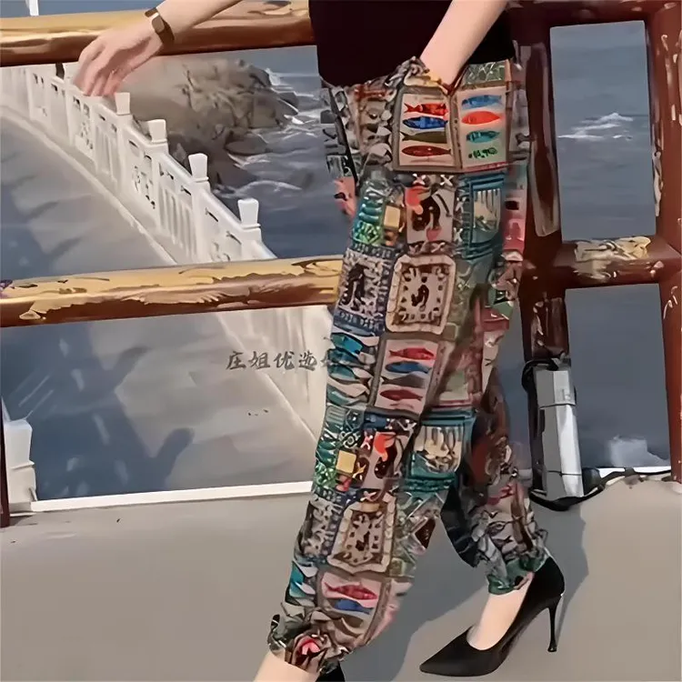 休闲裤夏季休闲风时尚长裤弹力显瘦民族风透气女士妈妈束脚哈伦裤
