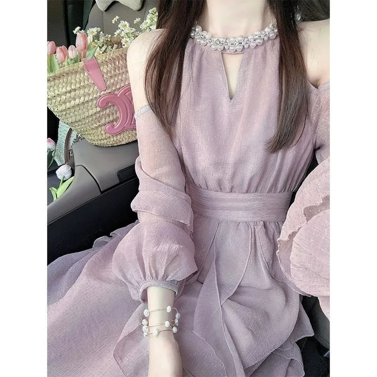 法式温柔风收腰V领连衣裙女高级感初恋少女甜美紫色长袖裙子夏季