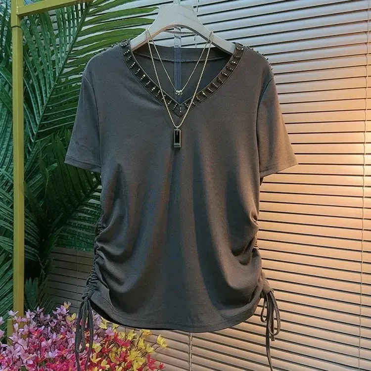 宽松胖MM爆款韩版显瘦抽绳ins短袖T恤韩系慵懒风简约设计感上衣女