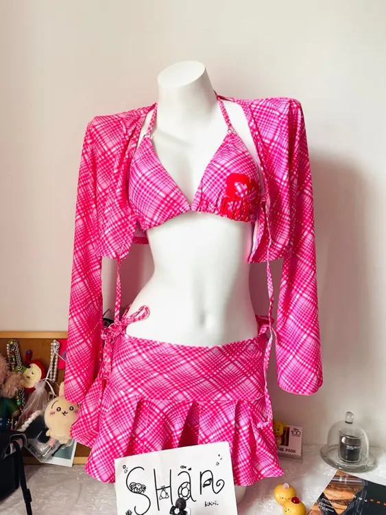 【辣妹复古格子】比基尼海边温泉度假泳衣