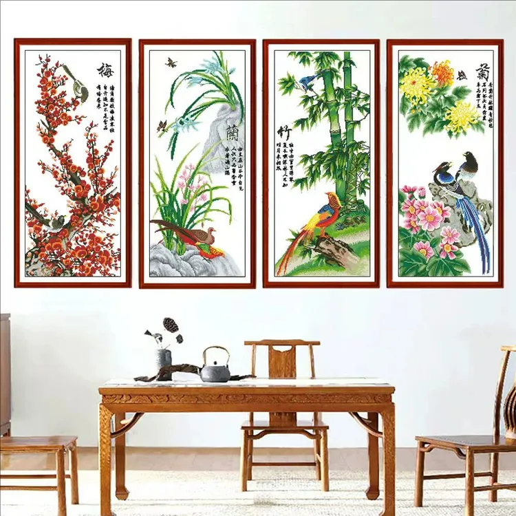 纯手工十字绣成品梅兰竹菊鸟语花香四君子客厅书房四联画中式挂画
