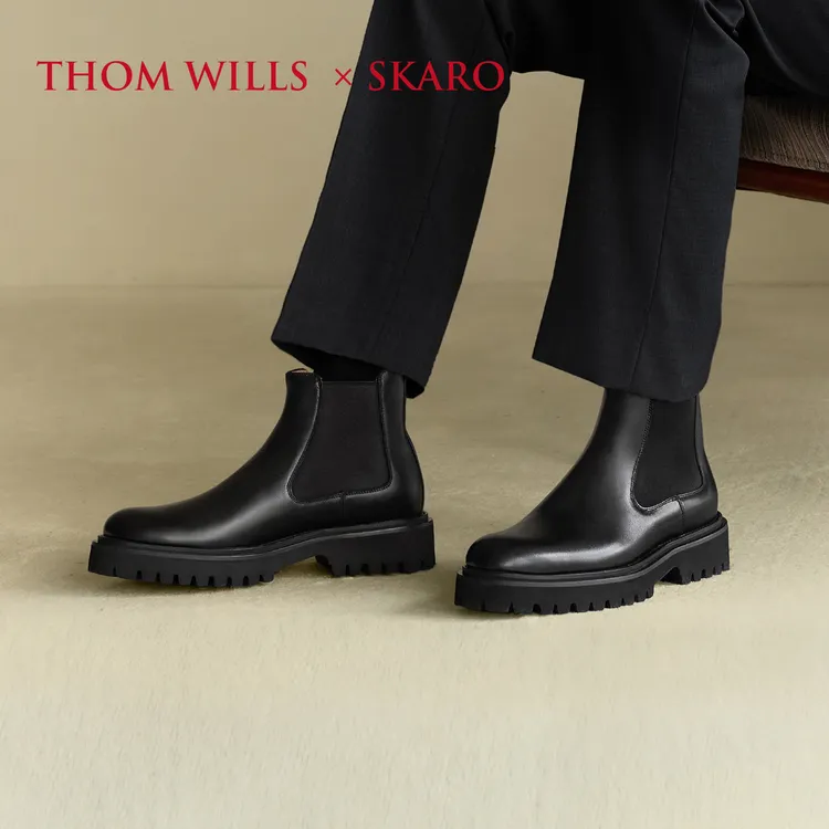 THOM WILLS&SKARO联名男切尔西厚底靴真皮男款增高黑色