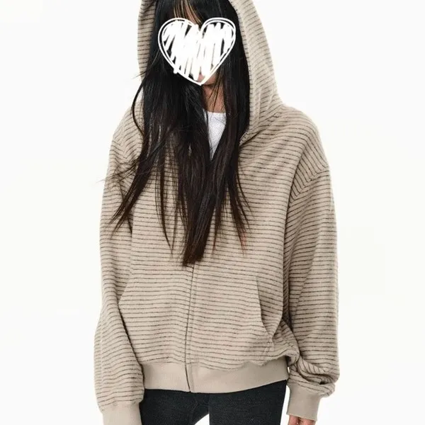 美式复古条纹拉链开衫连帽外套女早秋小众设计感休闲宽松百搭上衣