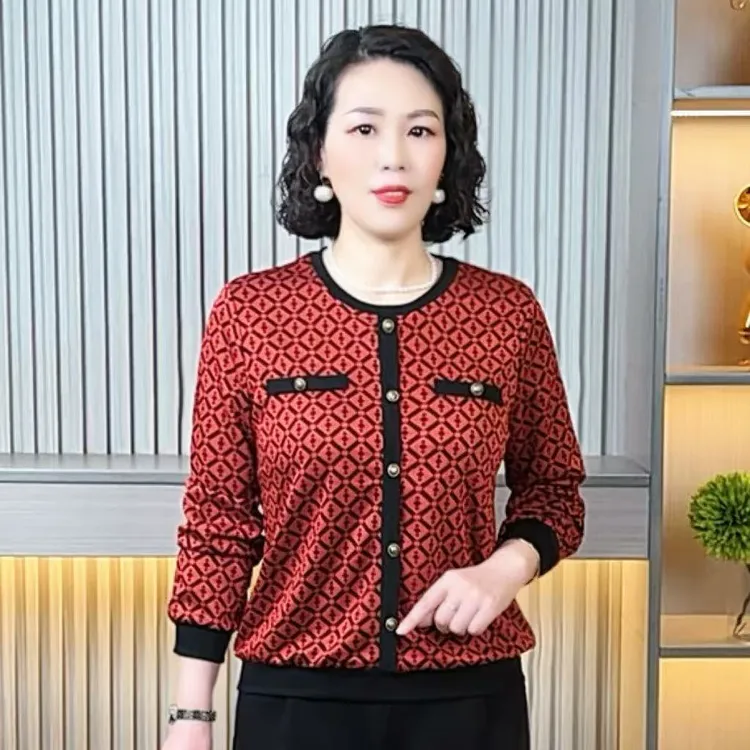 中老年妈妈装秋季新款时尚印花长袖小衫小香风气质百搭女大码显瘦