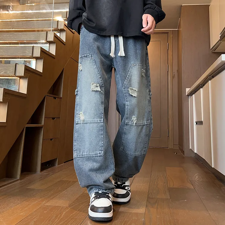 青少年学生高品质春秋款牛仔裤休闲日系百搭宽松直筒水洗牛仔裤