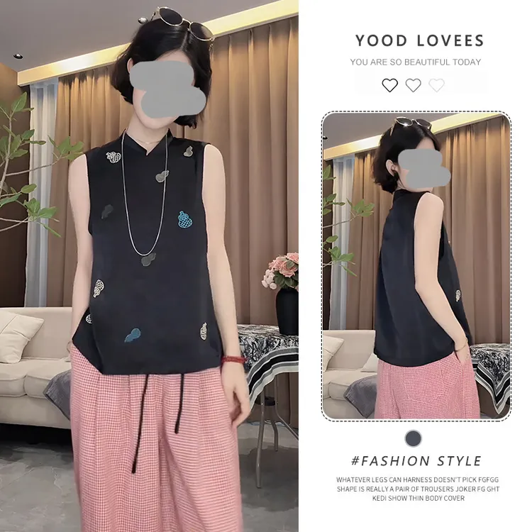 欧洲站2025夏季新款气质新中式立领无袖薄款撞色图案百搭国风衬衫