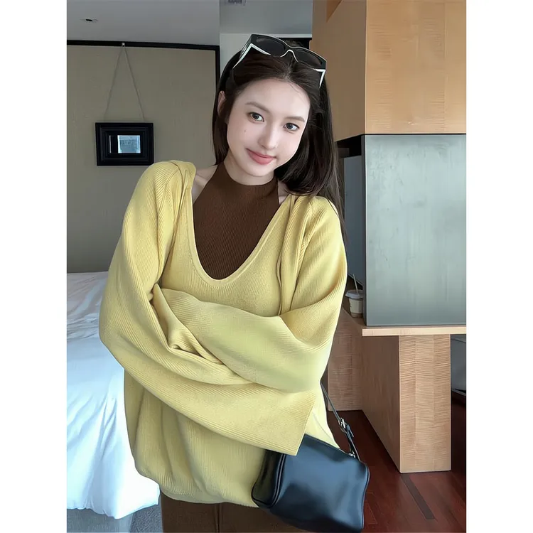 秋季抽绳连帽针织衫罩衫外套挂脖圆领内搭上衣辣妹短裤热裤靴裤女