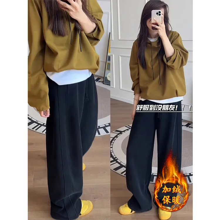 黑色弯刀裤女胖mm大码加绒运动休闲镰刀卫裤慵懒显瘦阔腿香蕉裤