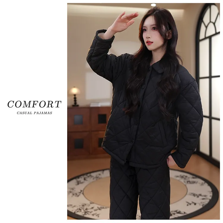 2025年新款三层夹棉翻领加绒加厚睡衣女套装可外穿保暖家居服