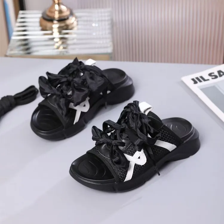 欧货女鞋2025夏新款松糕厚底系带蝴蝶结拼色百搭休闲时尚外穿拖鞋