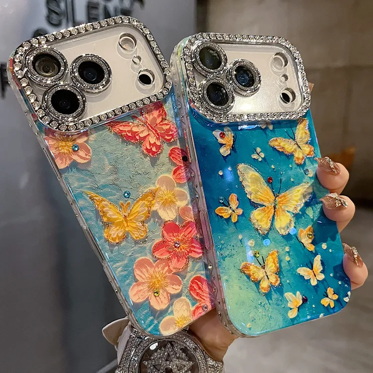 适用苹果系列iPhone新款手机壳小众粉黄蝴蝶花朵全包满钻精孔镜框