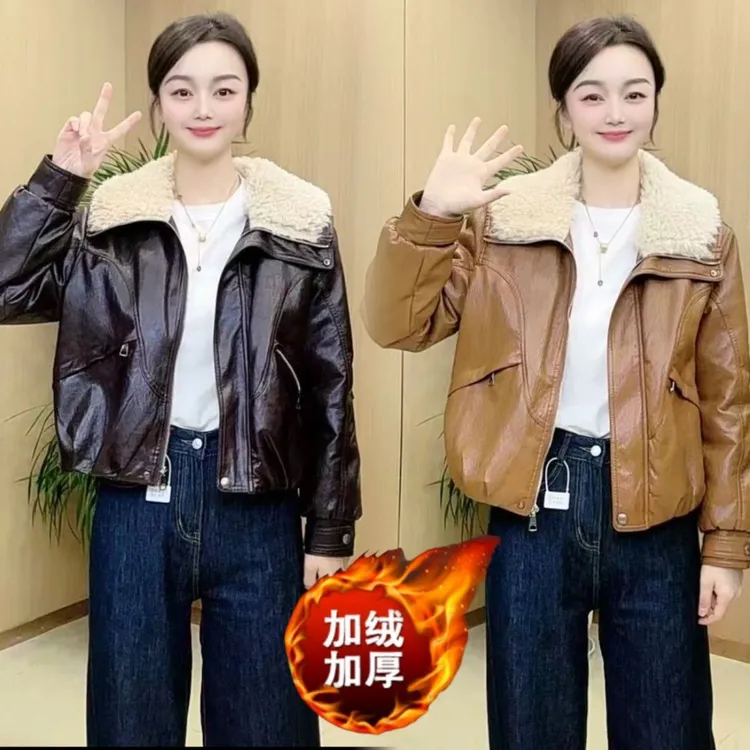 2025秋冬新款慵懒撞色洋气质大翻领皮衣拉链小个外套时尚保暖上衣