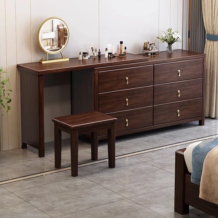新乌金木实木梳妆台斗柜收纳柜一体卧室简约现代转角化妆桌子