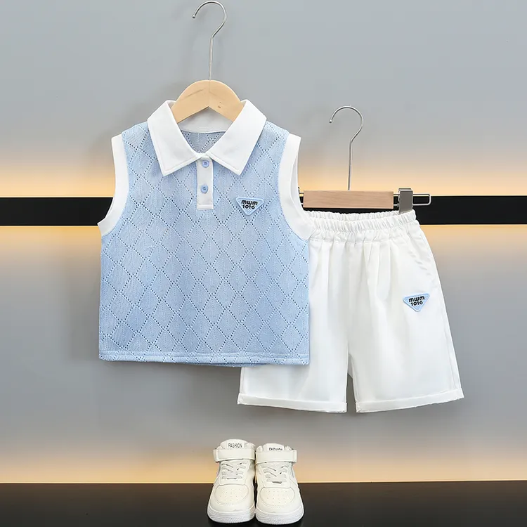 男童夏装2025新款洋气儿童polo无袖两件套痞帅小男孩薄款背心套装