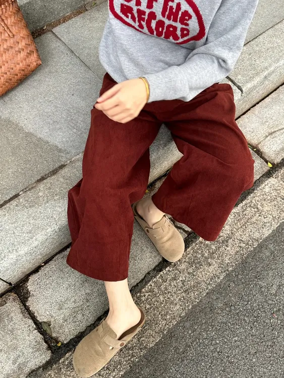红色裤子灯芯绒直筒裤女秋小个子九分哈伦裤大码女胖mm显瘦慵懒风
