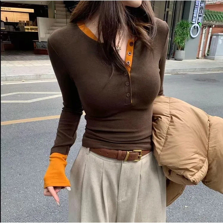 2025秋款撞色假两件独特别致内搭打底衫女辣妹上衣百搭T桖7123