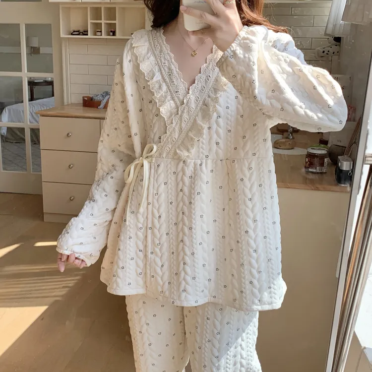 和服秋冬季孕妇月子服大码夹层空气棉产后保暖睡衣产妇哺乳两件套