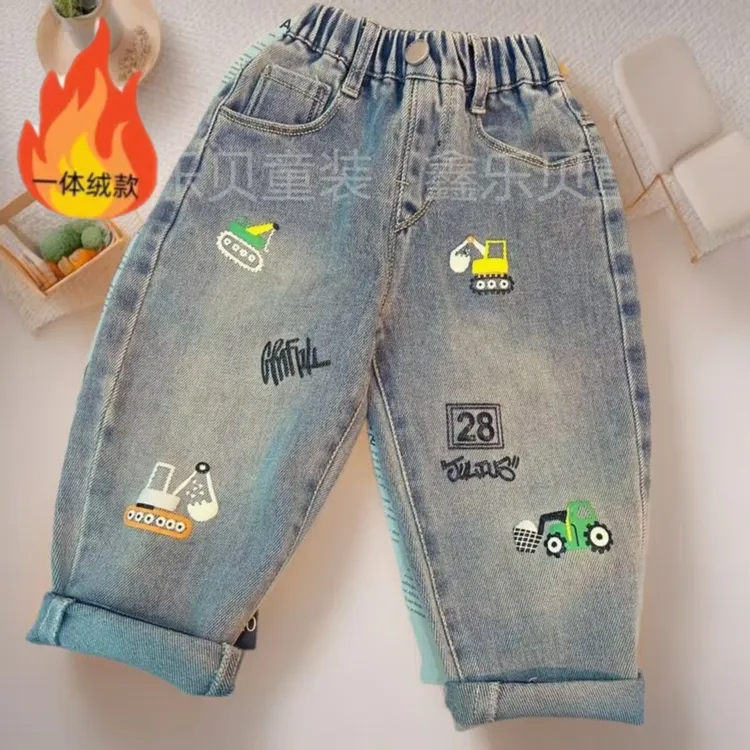 新款男女中小童装韩版时尚帅气痞帅挖机印花冬季保暖加绒牛仔长裤