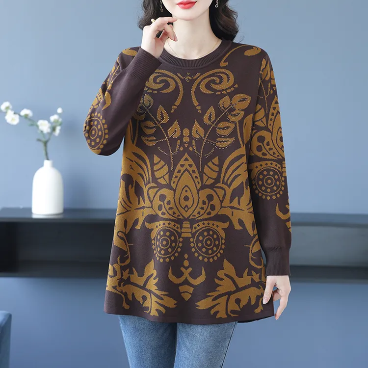 复古印花毛衣气质时尚中长款大码女装上衣遮肚子显瘦胖mm打底衫