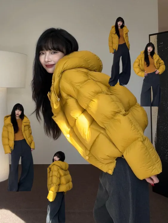 黄色连帽短款棉服女2025年冬季新款加厚宽松百搭蓬松面包服外套