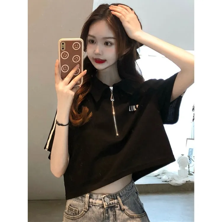polo领t恤女2025夏季短款宽松上衣设计感小众半拉链正肩短袖纯棉