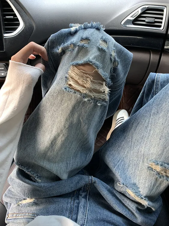 大码美式复古水洗破洞牛仔裤女夏季新款高腰阔腿宽松显瘦拖地裤子