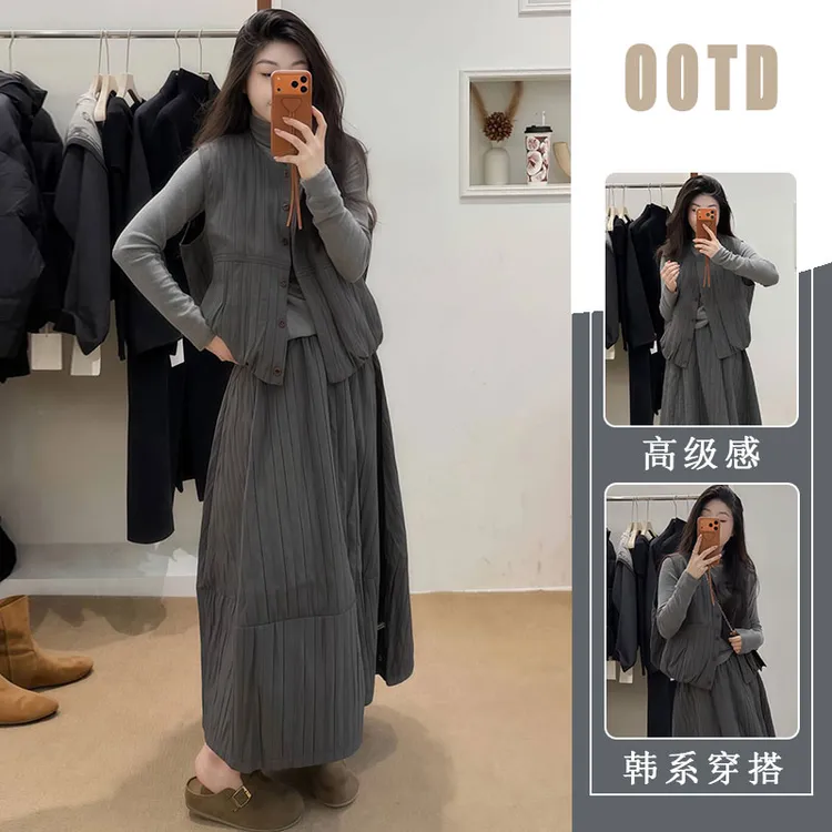 巨好看的冬装一整套韩系慵懒风宽松夹棉马甲花苞半身裙打底衫套装