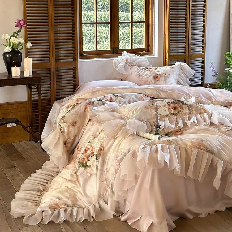 弗里达花园︱法式浪漫琉璃纱边天丝棉四件套凉感复古油画被套床品