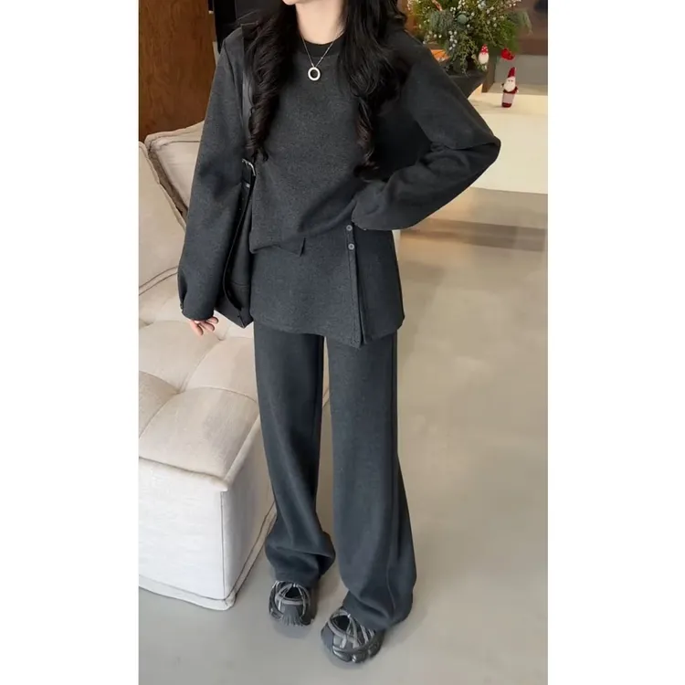 艾塔莉时尚套装女冬季新款圆领长袖上衣屁帘休闲裤子气质百搭宽松